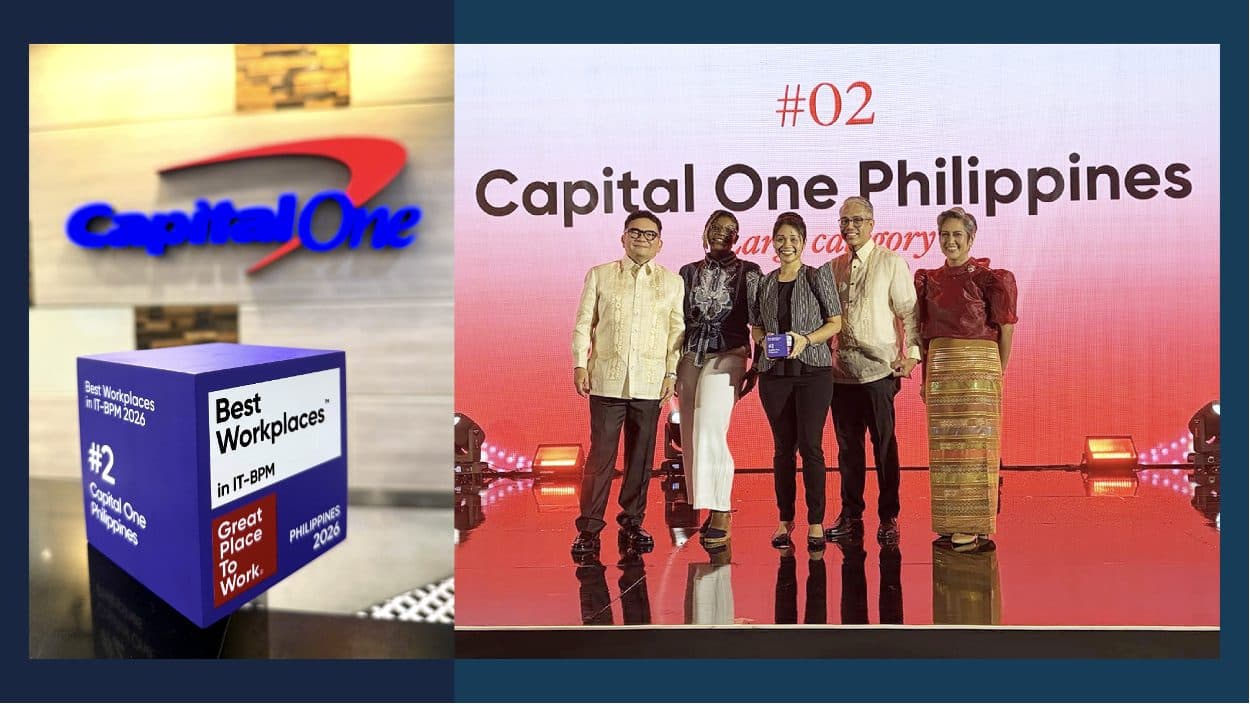 Capital One Philippines’ Best Workplaces in IT-BPM trophy alongside the team accepting the recognition on stage